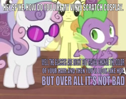 Size: 669x529 | Tagged: safe, edit, edited screencap, editor:undeadponysoldier, screencap, carrot top, cloud kicker, golden harvest, spike, sweetie belle, dragon, unicorn, for whom the sweetie belle toils, asking for opinion, bad quality, caption, clothes, cosplay, costume, cropped, cute, discovery family logo, female, filly, image macro, male, smiling, sunglasses, text, train, vinyl's glasses