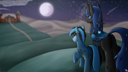 Size: 7680x4320 | Tagged: safe, artist:sevenserenity, oc, oc only, oc:icylightning, oc:queen lahmia, changeling, changeling queen, pegasus, pony, blue changeling, castle, changeling queen oc, commission, female, hill, moon, shooting star, spear, stars, weapon