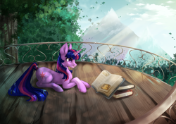 Size: 3400x2400 | Tagged: safe, artist:dream--chan, twilight sparkle, unicorn twilight, pony, unicorn, applebuck season, balcony, book, cloud, crepuscular rays, cute, female, golden oaks library, high res, mare, mountain, profile, prone, reading, scene interpretation, sky, solo, tree, twiabetes