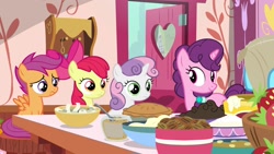 Size: 1920x1080 | Tagged: safe, screencap, apple bloom, scootaloo, sugar belle, sweetie belle, pony, the big mac question, cutie mark crusaders, food, nut, pie