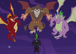 Size: 1057x746 | Tagged: safe, artist:queencold, garble, pharynx, scorpan, spike, changeling, dragon, gargoyle, alternate universe, commission, fire, flying, glowing horn, horn, magic, magic aura, male, night, older, older garble, older spike, winged spike