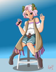 Size: 3863x4963 | Tagged: safe, artist:foylertf, vignette valencia, better together, equestria girls, beauty mark, cellphone, clothes, female, flower, flower in hair, holly, human coloration, peace sign, phone, shorts, simple background, sitting, smartphone, stool