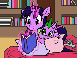 Size: 1426x1070 | Tagged: source needed, safe, artist:smirk, smarty pants, spike, twilight sparkle, twilight sparkle (alicorn), alicorn, dragon, book, bookshelf, cute, doll, duo, library, magic, mama twilight, ms paint, pillow, spikabetes, toy, twiabetes