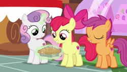 Size: 1920x1080 | Tagged: safe, screencap, apple bloom, scootaloo, sweetie belle, pony, the big mac question, cutie mark crusaders, food, magic, pie