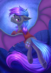Size: 2000x2872 | Tagged: safe, artist:hakaina, oc, oc:grey, bat pony, pony, clothes, ear fluff, flying, freckles, heart, hoodie, looking at you, looking back, looking back at you, male, solo, wings