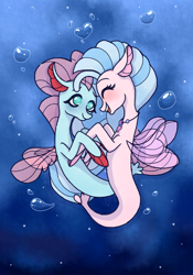 Size: 1400x2000 | Tagged: safe, artist:emiiambar, ocellus, silverstream, seapony (g4), bubble, cute, diaocelles, diastreamies, disguise, disguised changeling, female, fins, jewelry, lesbian, necklace, ocellustream, open mouth, seaponified, seapony ocellus, shipping, smiling, species swap, underwater, water