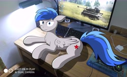 Size: 14688x8938 | Tagged: safe, artist:news_2333, oc, oc only, oc:news, pegasus, pony, china, chinese, computer, cute, cutie mark, irl, male, photo, ponies in real life, solo, stallion, tank (vehicle), tiger i, war thunder, weapon, wings