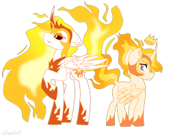 Size: 2500x2000 | Tagged: safe, artist:wingcut, derpibooru exclusive, daybreaker, twilight sparkle, twilight sparkle (alicorn), alicorn, pony, armor, clothes, crown, curved horn, dock, female, fiery teacher and apprentice, fire, frown, horn, jewelry, looking at someone, looking back, mane of fire, mare, rapidash, rapidash twilight, regalia, shoes, simple background, transparent background, wings