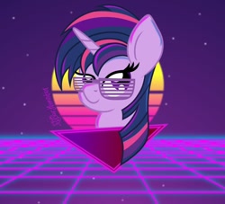 Size: 1024x929 | Tagged: safe, artist:puperhamster, twilight sparkle, alicorn, pony, unicorn, alternate hairstyle, bust, glasses, punklight sparkle, retrowave, solo