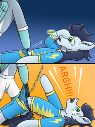 Size: 3024x4032 | Tagged: safe, artist:tacomytaco, fleetfoot, soarin', pegasus, pony, comic:wedgiebolts academy, belly button, bipedal, briefs, clothes, comic, female, frontal wedgie, gradient background, lying down, male, midriff, on back, pain, shirt, shorts, text, underwear, wedgie