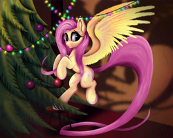 Size: 5000x4000 | Tagged: safe, artist:teridax63, fluttershy, pegasus, pony, christmas, christmas ball, christmas decoration, christmas lights, christmas tree, colored hooves, decorating, decoration, eyelashes, female, holiday, hoof hold, indoors, long tail, looking at you, mare, smiling, solo, spread wings, stool, stray strand, three quarter view, tree, wings