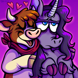 Size: 1000x1000 | Tagged: safe, artist:angry-baby, arizona cow, oleander, classical unicorn, cow, unicorn, them's fightin' herds, ariander, bandana, bust, cloven hooves, community related, eyes closed, female, heart, interspecies, leonine tail, lesbian, shipping, smiling, unshorn fetlocks