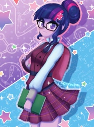 Size: 669x900 | Tagged: safe, artist:dreachu, sci-twi, twilight sparkle, equestria girls, blushing, book, clothes, crystal prep academy uniform, cute, female, glasses, hair bun, looking at you, pleated skirt, school uniform, skirt, solo, stars, twiabetes