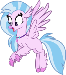 Size: 766x862 | Tagged: safe, artist:crystalmagic6, silverstream, hippogriff, canon, claws, flying, full body, happy, jewelry, necklace, solo, wings