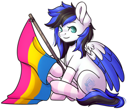 Size: 1884x1622 | Tagged: safe, artist:ak4neh, oc, oc only, oc:black ice, pegasus, pony, 2020 community collab, clothes, cute, derpibooru community collaboration, female, flag, looking at you, mare, pansexual pride flag, pegasus oc, pride, pride flag, simple background, sitting, socks, solo, striped socks, transparent background