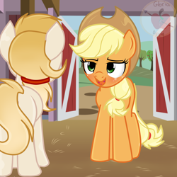 Size: 4000x4000 | Tagged: safe, artist:applerougi, derpibooru import, applejack, oc, oc:cremita, earth pony, pony, absurd resolution, blushing, female, mare