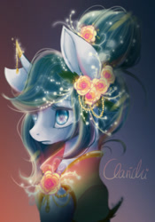 Size: 954x1364 | Tagged: safe, artist:clarichi, oc, oc:silent love, pony, unicorn, bust, female, flower, flower in hair, jewelry, mare, portrait, solo