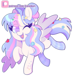 Size: 2893x3115 | Tagged: safe, artist:norithecat, oc, pegasus, pony, clothes, digital, female, hairclip, happy face, heart, one eye closed, palindrome get, pastel, patreon, patreon logo, simple background, socks, solo, stars, transparent background, watermark, wings, wink