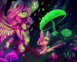 Size: 4293x3451 | Tagged: safe, artist:thewickedvix, fluttershy, pegasus, pony, absurd resolution, cloven hooves, eevee, exclamation point, mushroom, pokemon shield, pokémon, solo