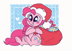 Size: 1020x722 | Tagged: safe, artist:ponycide, pinkie pie, earth pony, pony, abstract background, blushing, christmas, cute, diapinkes, female, hat, heart, holiday, mare, present, sack, santa hat, sitting, smiling, solo
