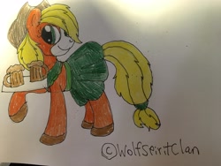 Size: 4032x3024 | Tagged: safe, artist:wolfspiritclan, derpibooru import, applejack, earth pony, pony, apple cider, next generation, original style, solo, traditional art, waitress