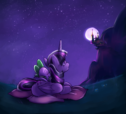 Size: 1517x1370 | Tagged: safe, artist:nessacity, spike, twilight sparkle, twilight sparkle (alicorn), alicorn, dragon, pony, canterlot castle, female, male, mare, moon, night