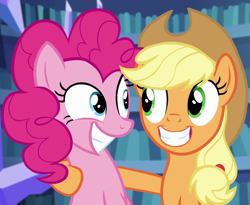 Size: 1160x950 | Tagged: safe, screencap, applejack, pinkie pie, earth pony, pony, scare master, cropped, duo, female, grin, looking at each other, mare, smiling