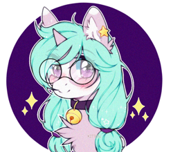Size: 700x616 | Tagged: safe, artist:kitten-in-the-jar, oc, oc only, pony, unicorn, bell, bell collar, blushing, bust, chest fluff, collar, ear fluff, female, glasses, looking at you, mare, pigtails, portrait, solo, sparkles, twintails