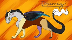 Size: 1192x670 | Tagged: safe, artist:moni8324, oc, oc only, oc:disarray, draconequus, abstract background, adopted offspring, chest fluff, draconequus oc, female, grin, parent:discord, parent:princess celestia, quadrupedal, smiling, solo