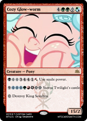 Size: 375x523 | Tagged: artist needed, safe, cozy glow, pegasus, pony, the ending of the end, magic the gathering, open mouth, smiling, text