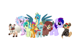 Size: 1095x730 | Tagged: safe, artist:wolfspiritclan, gallus, ocellus, sandbar, silverstream, smolder, yona, oc, oc:adean ruby nights, changedling, changeling, classical hippogriff, dragon, earth pony, griffon, hippogriff, pegasus, pony, yak, bow, cloven hooves, colored hooves, crossover, dragoness, female, hair bow, headcanon, jewelry, litleo, male, monkey swings, necklace, pokémon, ponysona, rockruff, simple background, student six, teenager, vector used, white background