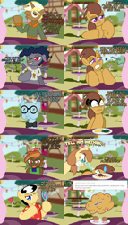 Size: 2300x4010 | Tagged: safe, artist:ladyanidraws, button mash, mr. waddle, trenderhoof, oc, oc:cream heart, oc:marigold, earth pony, fly, insect, pegasus, pony, unicorn, ask, ask pun, bubble wand, comic, corn, food, muffin, speed dating, tumblr, x eyes