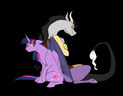 Size: 1920x1500 | Tagged: safe, artist:moni8324, twilight sparkle, twilight sparkle (alicorn), oc, oc:disarray, alicorn, draconequus, pony, adopted offspring, annoyed, black background, cutie mark, draconequus oc, duo, female, floppy ears, lidded eyes, looking at each other, mare, parent:discord, parent:princess celestia, raised hoof, simple background, sitting, smiling, smirk, smug, twilight is not amused, unamused