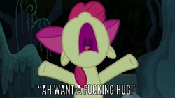 Size: 1280x720 | Tagged: safe, edit, edited screencap, screencap, apple bloom, bloom and gloom, apple bloom's bow, bow, caption, hair bow, hug request, image macro, screaming, solo, text, vulgar