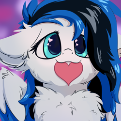 Size: 2048x2048 | Tagged: safe, artist:oblique, oc, oc only, oc:black ice, pegasus, pony, :3, bust, chest fluff, cute, ear fluff, female, floppy ears, heart, heart eyes, mare, simple background, solo, wingding eyes