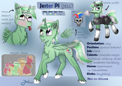 Size: 1408x1000 | Tagged: safe, artist:jesterpi, oc, oc only, oc:jester pi, pegasus, pony, clothes, green, horn, maid, male, piercing, reference, reference sheet, small, thin mint, wings