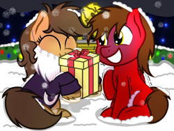 Size: 1600x1200 | Tagged: safe, artist:toyminator900, oc, oc only, oc:binky, oc:chip, hybrid, pegasus, pony, zebra, zony, christmas, clothes, cold, gift art, hearth's warming eve, holiday, hoodie, santa beard, snow, zony oc