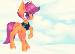 Size: 964x696 | Tagged: safe, artist:crispycreme, scootaloo, pegasus, pony, clothes, cloud, cute, cutealoo, ear fluff, female, filly, scarf, snow, solo, winter