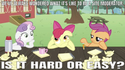 Size: 641x359 | Tagged: safe, edit, edited screencap, editor:undeadponysoldier, screencap, apple bloom, scootaloo, sweetie belle, earth pony, pegasus, pony, unicorn, bored, bow, caption, coffee, coffee mug, cutie mark crusaders, female, filly, image macro, mods, mug, notepad, pencil, picnic table, ponyville schoolhouse, table, talking to viewer, text, thinking