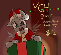 Size: 1280x1159 | Tagged: safe, artist:spheedc, oc, chimney, christmas, christmas lights, clothes, commission, costume, digital art, gift box, hat, holiday, in a box, santa costume, santa hat, smiling, solo, your character here