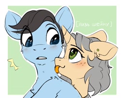 Size: 2470x2008 | Tagged: safe, artist:trickate, oc, oc:tony loser, oc:trickate, pony, unicorn, blue eyes, ear piercing, female, freckles, green eyes, male, neck licking, piercing, simple background, straight, surprised, tonate, tongue out