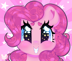Size: 4713x4000 | Tagged: safe, artist:bunxl, pinkie pie, earth pony, pony, the ticket master, absurd resolution, beanbrows, blushing, bust, cute, diapinkes, eyebrows, female, heart, heart eyes, looking at you, mare, portrait, scene interpretation, solo, starry eyes, stars, sunburst background, wingding eyes