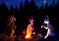 Size: 700x493 | Tagged: safe, oc, oc only, oc:black ice, oc:in7ac7, oc:wiley waves, earth pony, pegasus, pony, campfire, cute, female, food, forest, mare, marshmallow, moon, night, open mouth, sitting, solo