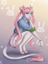 Size: 2227x2971 | Tagged: safe, artist:askbubblelee, oc, oc only, oc:rosie quartz, anthro, unguligrade anthro, unicorn, alternate hairstyle, anthro oc, bubblegum, clothes, digital art, ear piercing, earring, female, food, gum, high res, jewelry, leonine tail, mare, piercing, shorts, solo