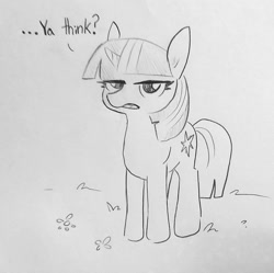 Size: 1283x1279 | Tagged: safe, artist:tjpones, twilight sparkle, unicorn twilight, pony, unicorn, dialogue, female, grayscale, lidded eyes, looking at you, mare, monochrome, pencil drawing, sarcasm, simple background, solo, traditional art, twilight is not amused, unamused