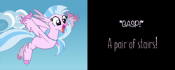 Size: 998x399 | Tagged: safe, artist:mlp-silver-quill, edit, edited screencap, editor:silverstreamfan999, screencap, silverstream, classical hippogriff, hippogriff, comic:pinkie pie says goodnight, school daze, comic, cropped, cute, diastreamies, looking at something, smiling, solo, spoilers for another series, spread arms, spread wings, stairs, that hippogriff sure does love stairs, wings