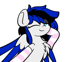 Size: 2048x1689 | Tagged: safe, artist:kimjoman, part of a set, oc, oc only, oc:black ice, pegasus, pony, chest fluff, clothes, cute, eye clipping through hair, female, looking at you, mare, one eye closed, simple background, socks, solo, striped socks, white background, wink, ych result