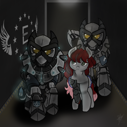 Size: 2000x2000 | Tagged: safe, artist:devorierdeos, oc, oc only, cyborg, pegasus, pony, fallout equestria, armor, cyber legs, enclave armor, fanfic, fanfic art, female, grand pegasus enclave, high res, hooves, mare, power armor, spread wings, weapon, wings