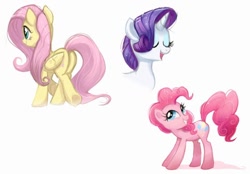 Size: 700x486 | Tagged: safe, artist:confetticakez, fluttershy, pinkie pie, rarity, earth pony, pegasus, pony, unicorn, bust, butt, cute, eyes closed, female, mare, open mouth, plot, portrait, simple background, smiling, trio, white background