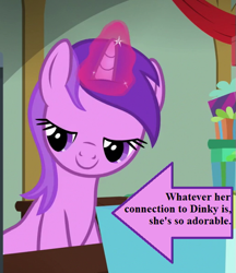 Size: 513x594 | Tagged: safe, edit, edited screencap, screencap, amethyst star, sparkler, pony, unicorn, best gift ever, arrow, awwmethyst star, background pony, captain obvious, cropped, cute, female, glowing horn, hearth's warming eve, horn, implied dinky, magic, magic aura, mare, present, solo, text